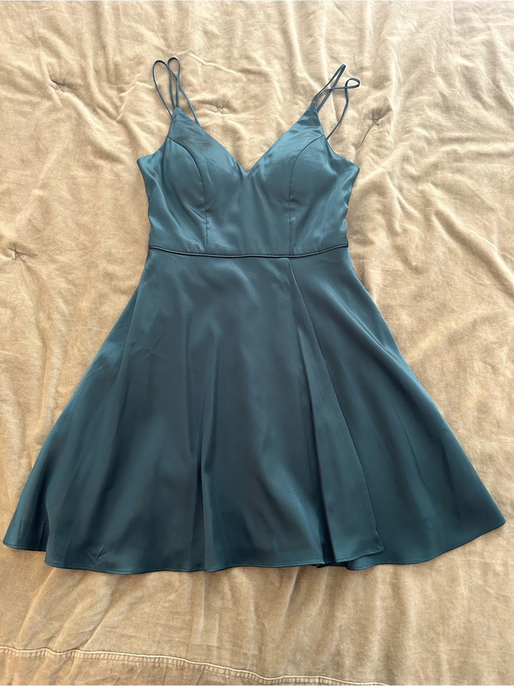 Sequin Hearts Satin Dark Green Spaghetti-Strap Mini Dress